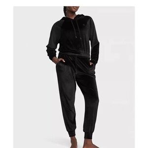 Victoria's Secret Black Ribbed Velour Hoodie Pant Jogger Set!   M/S